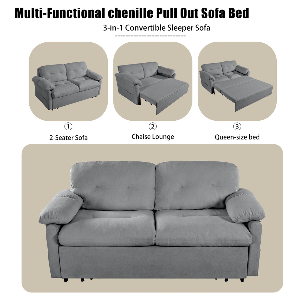 Convertible Pull-Out Queen Sleeper Sofa, 3-in-1 Design