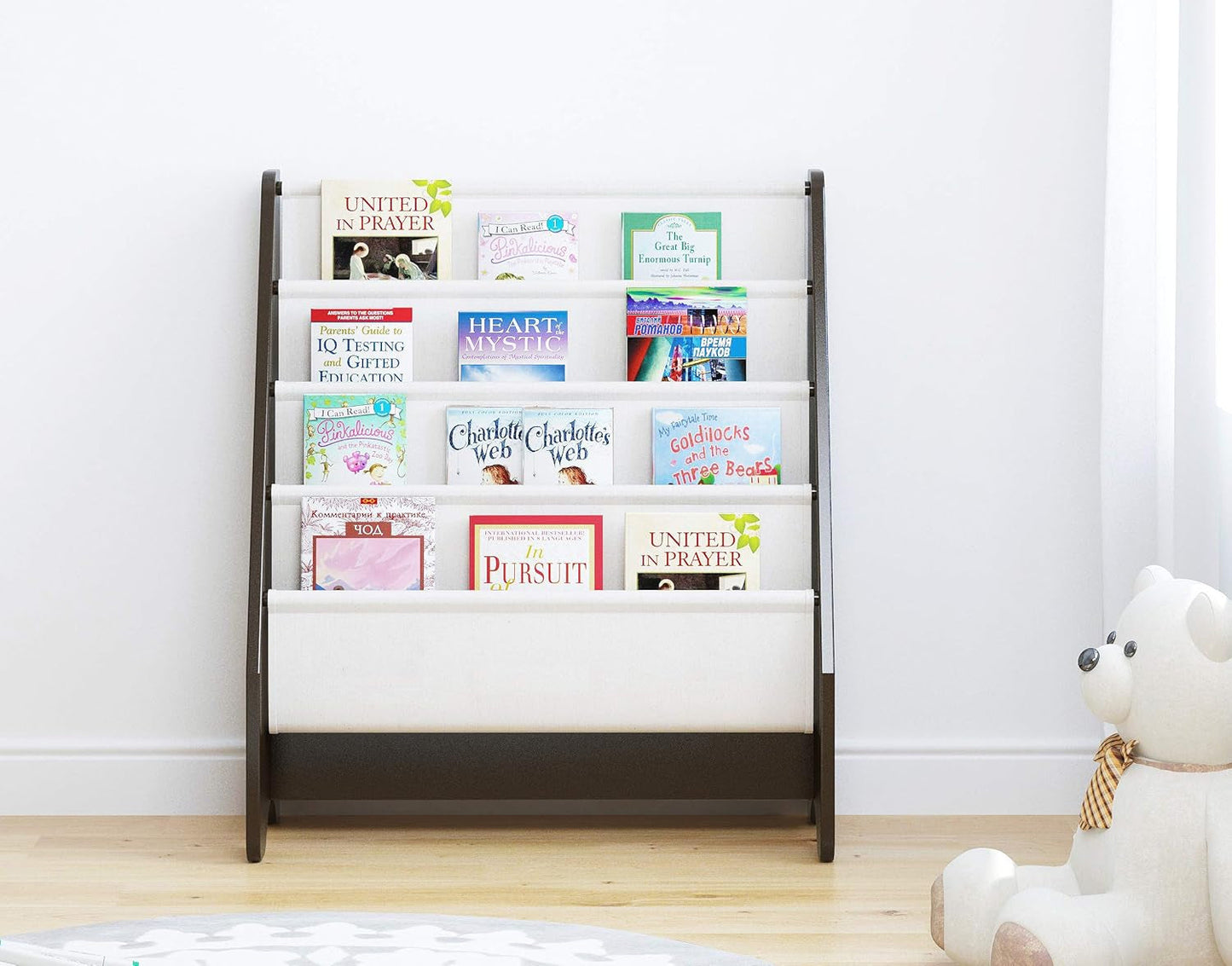 Kids Sling Bookshelf Espresso With Magazine Rack Organizer For Kids Room