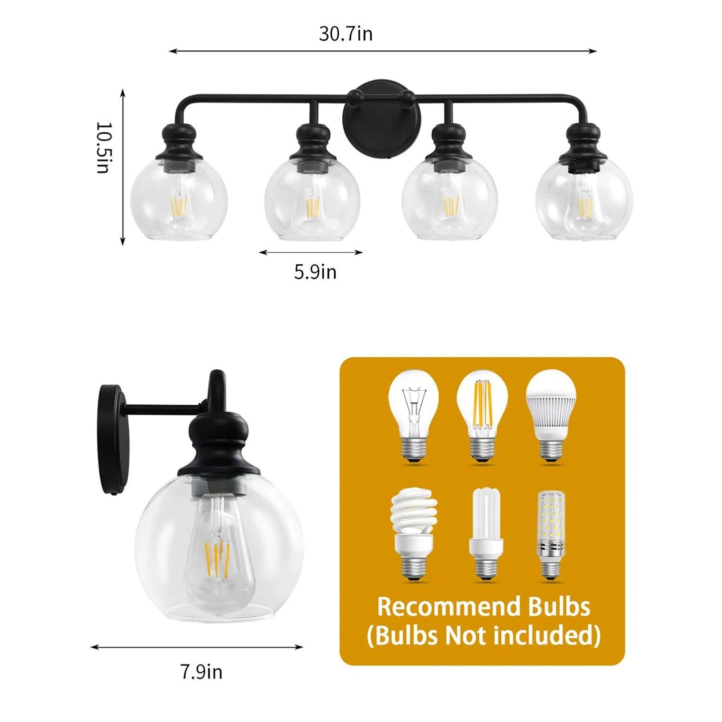 Irvine Black Modern Clear Glass 4-Light Vanity Light