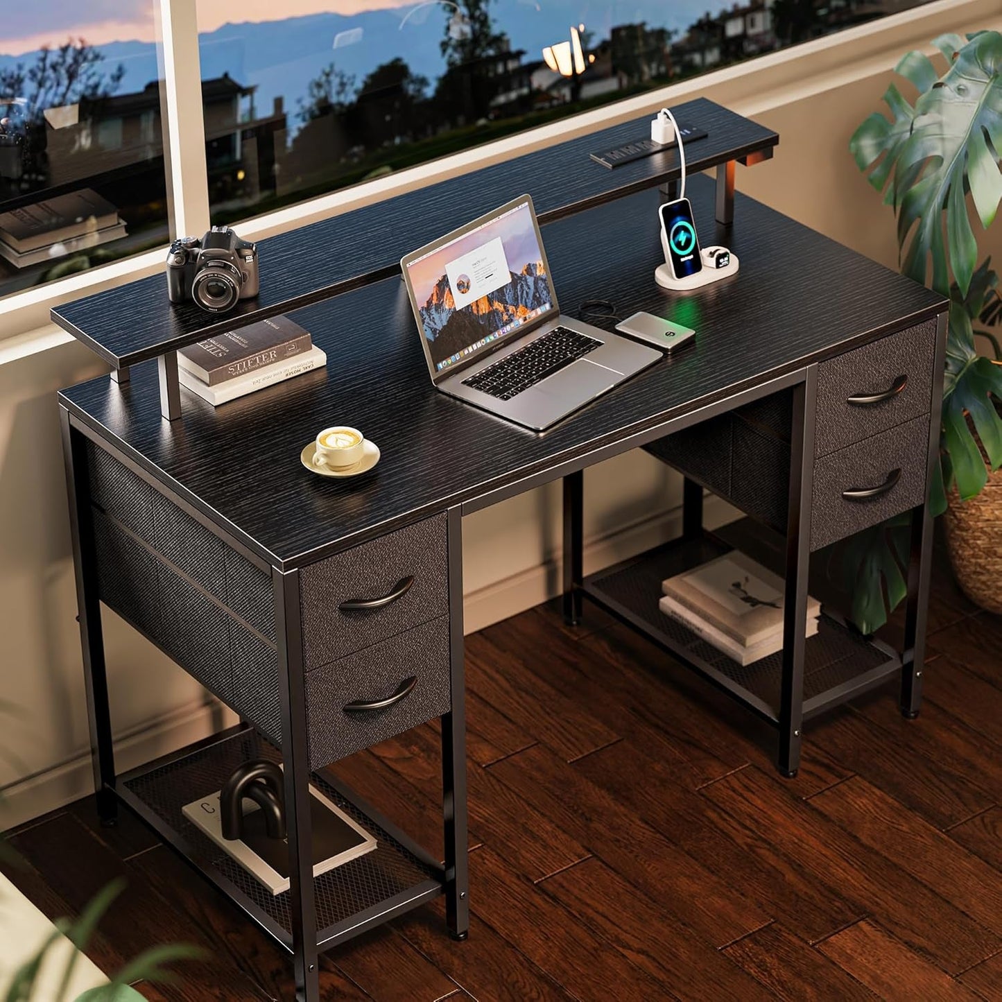 47 Inch Computer Desk With 4 Drawers And LED Lights Black