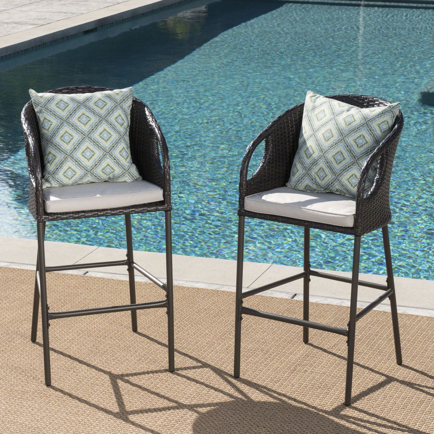 Outdoor 31" Rattan Barstools with Waterproof Cushions - Set of 2