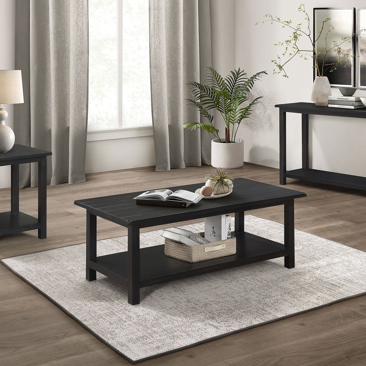 Castleton Distressed Java Wood Coffee Table with Shelf