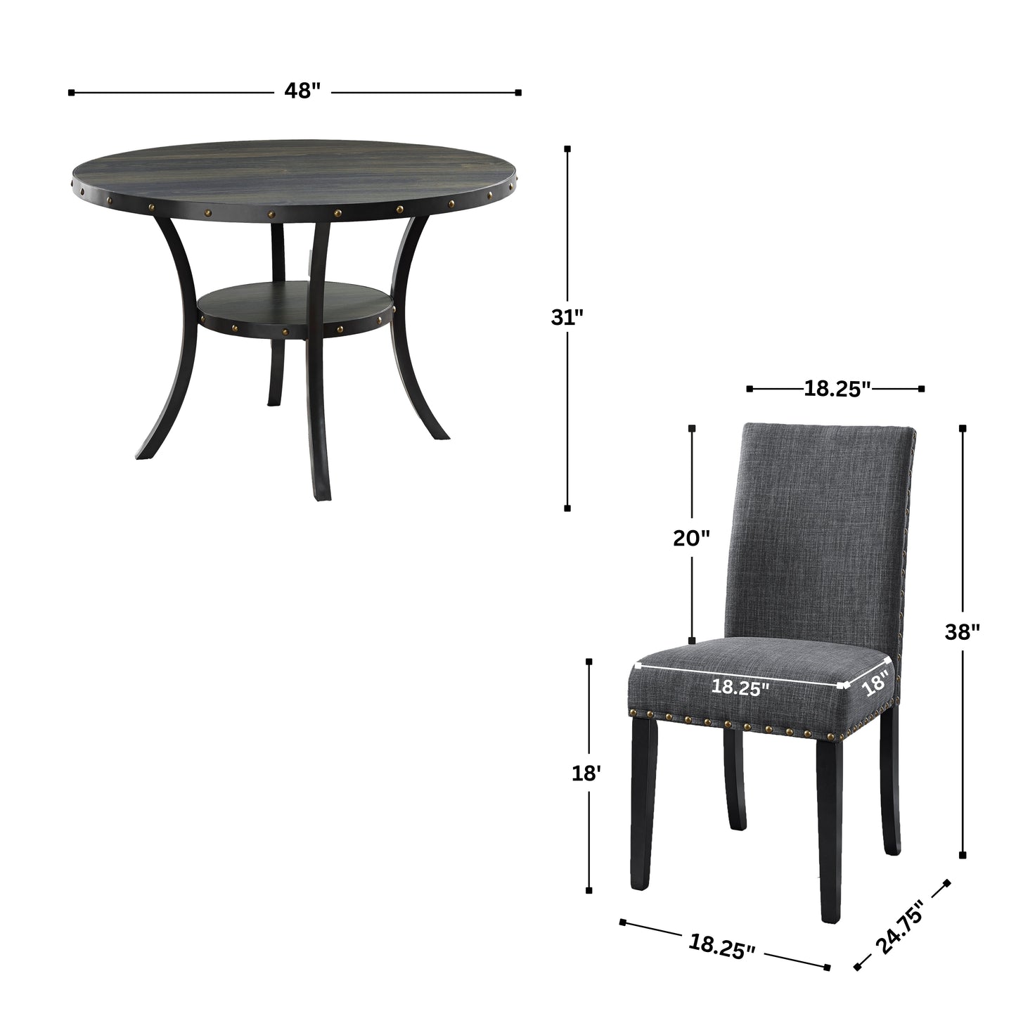 Biony Espresso Wood Dining Set With Gray Fabric Chairs