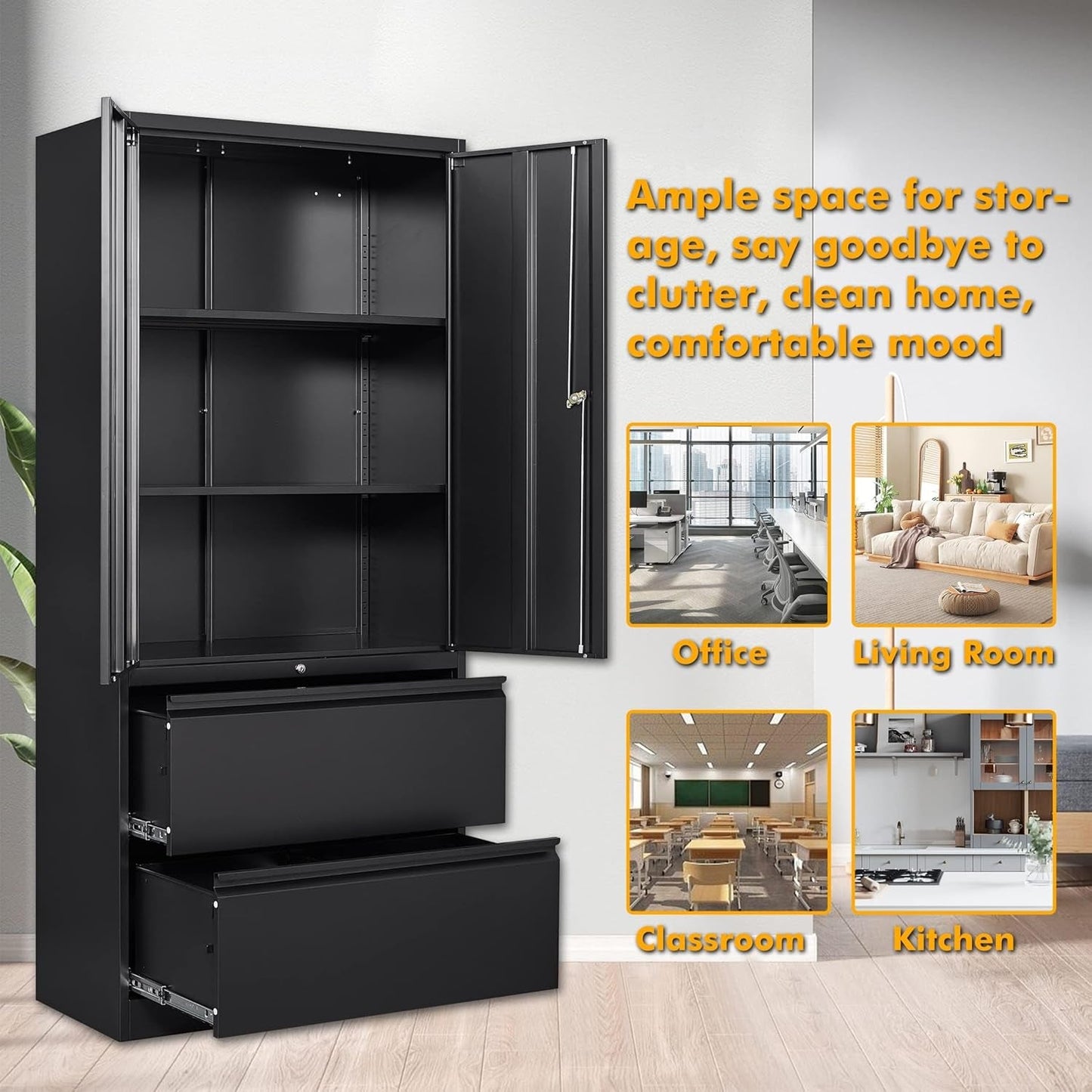 Two Drawer Lateral File Cabinet Locking Metal Storage Cabinet Black For Letter And Legal Files