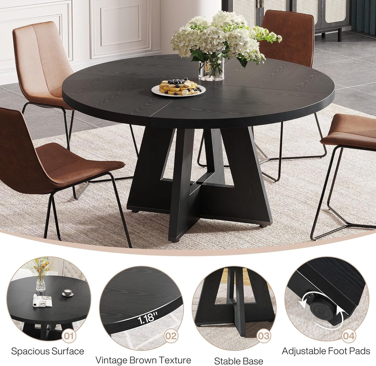 Farmhouse Round Dining Table 47 Inch Black For Four