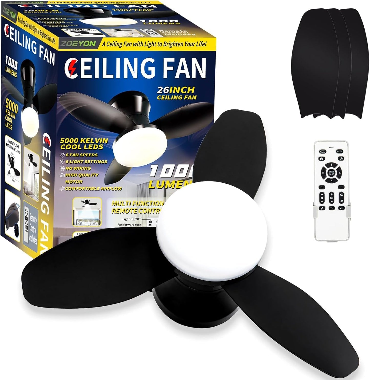 Black 26 Inch Flush Mount Ceiling Fan With Remote Control