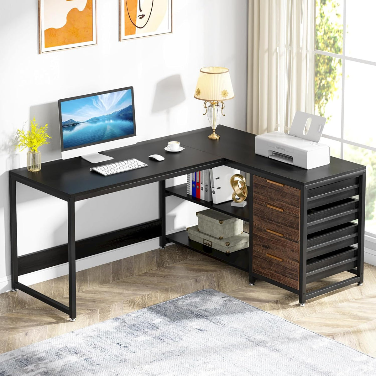 59 Inches L-Shaped Computer Desk with Drawers and Storage Shelves