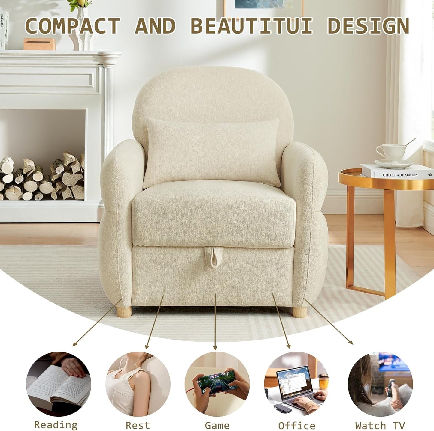 Beige Contemporary Accent Chair With Generous Storage