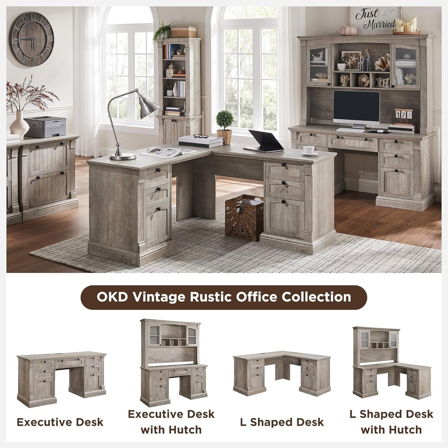 60-Inch L-Shaped Desk With Hutch Light Rustic Oak Finish
