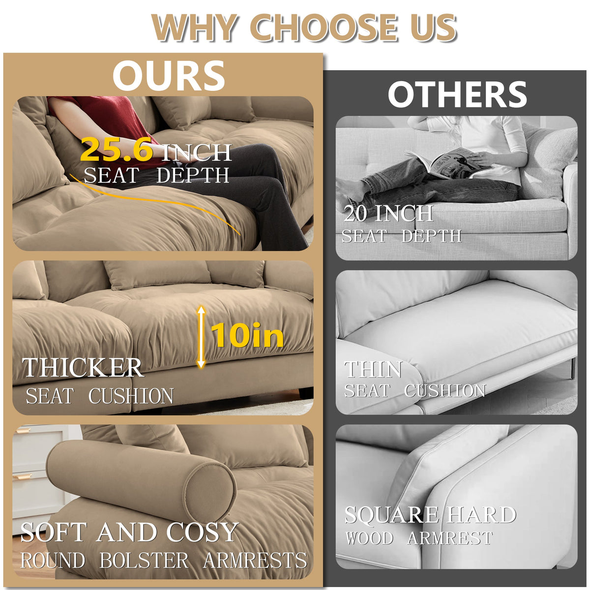 Large Size Modern Two-Seater Sofa with Bolstered Armrests