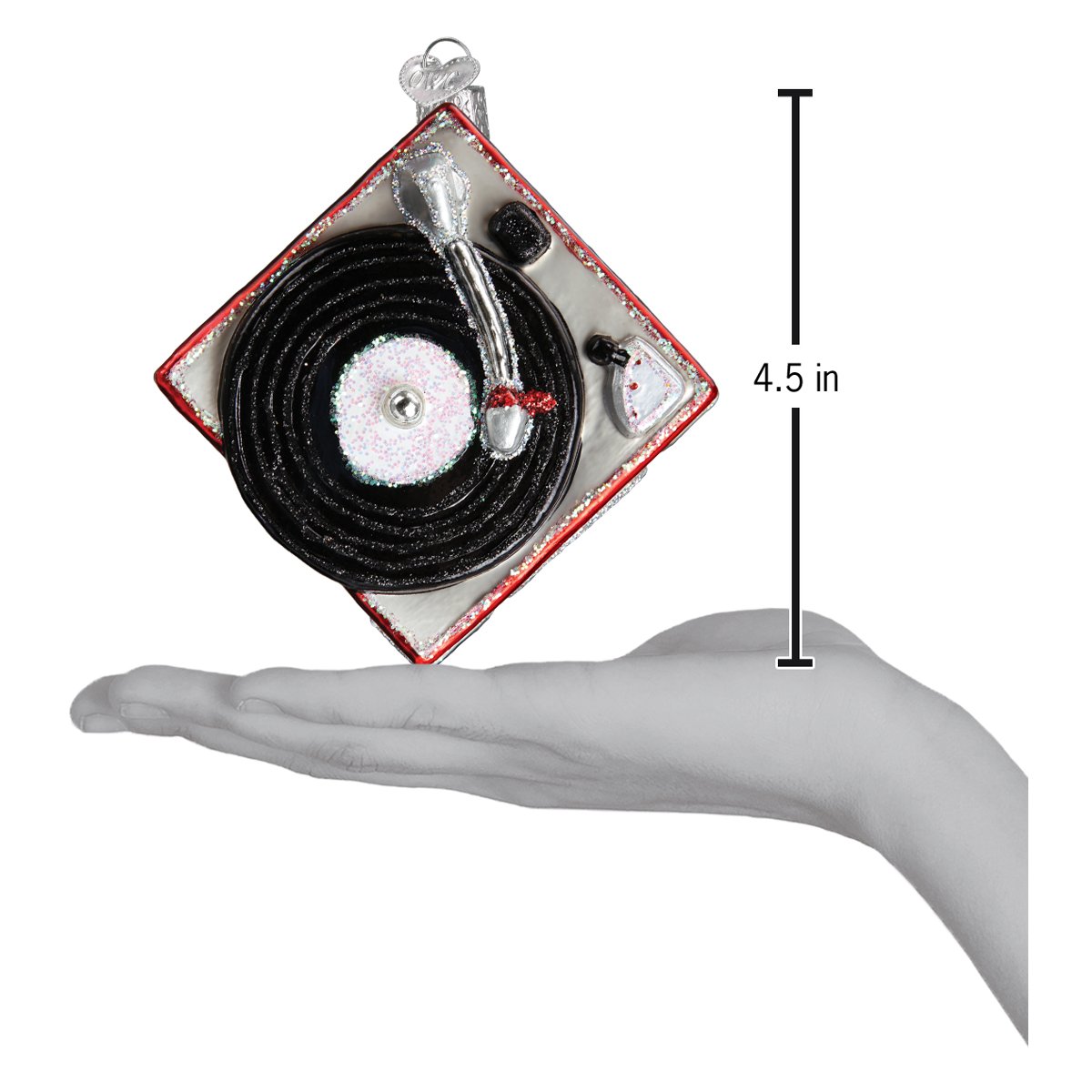 Record Player Ornament displayed in hand, showcasing its intricate design and size of 4.5 inches.