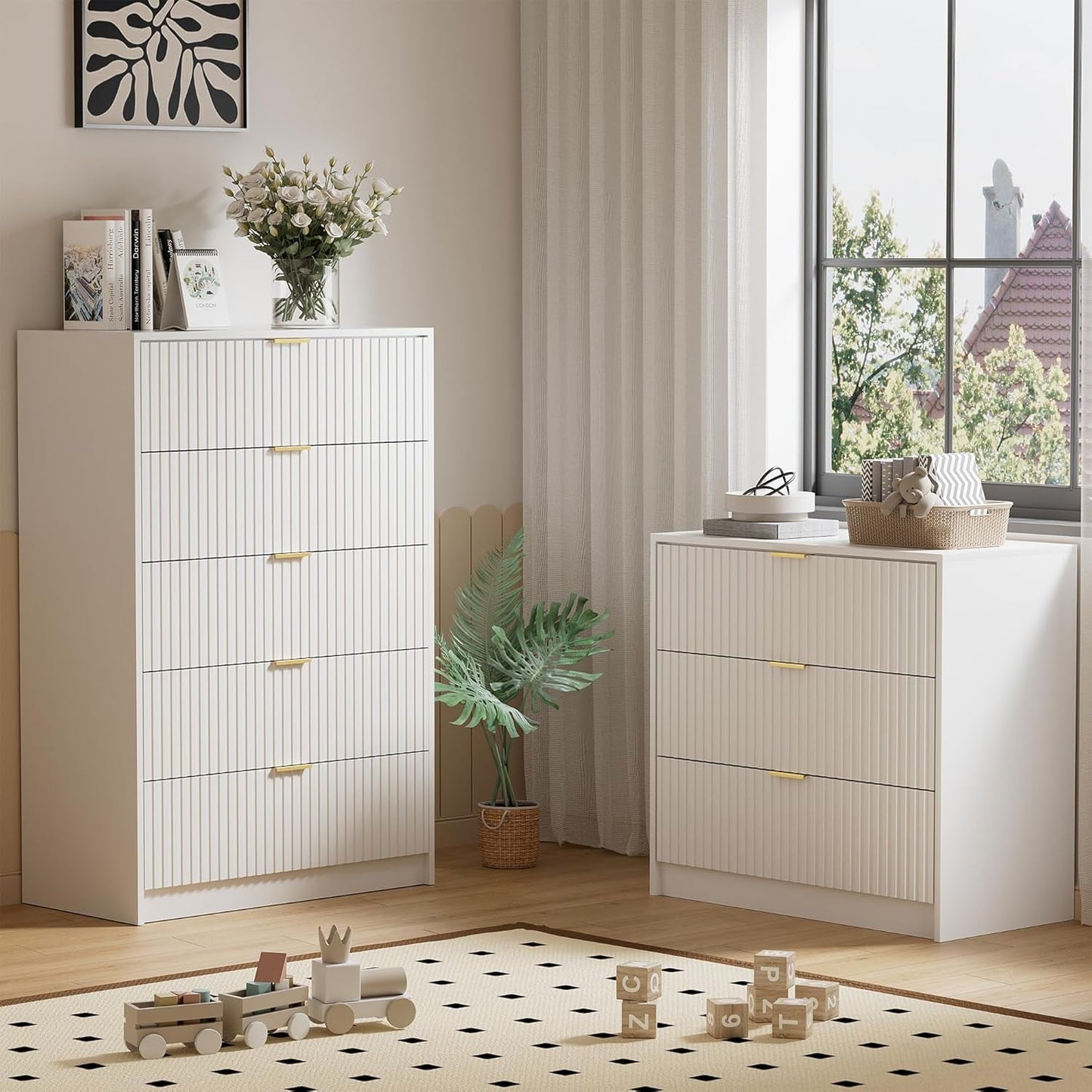 White Contemporary Dresser With Three Drawers And Fluted Panels