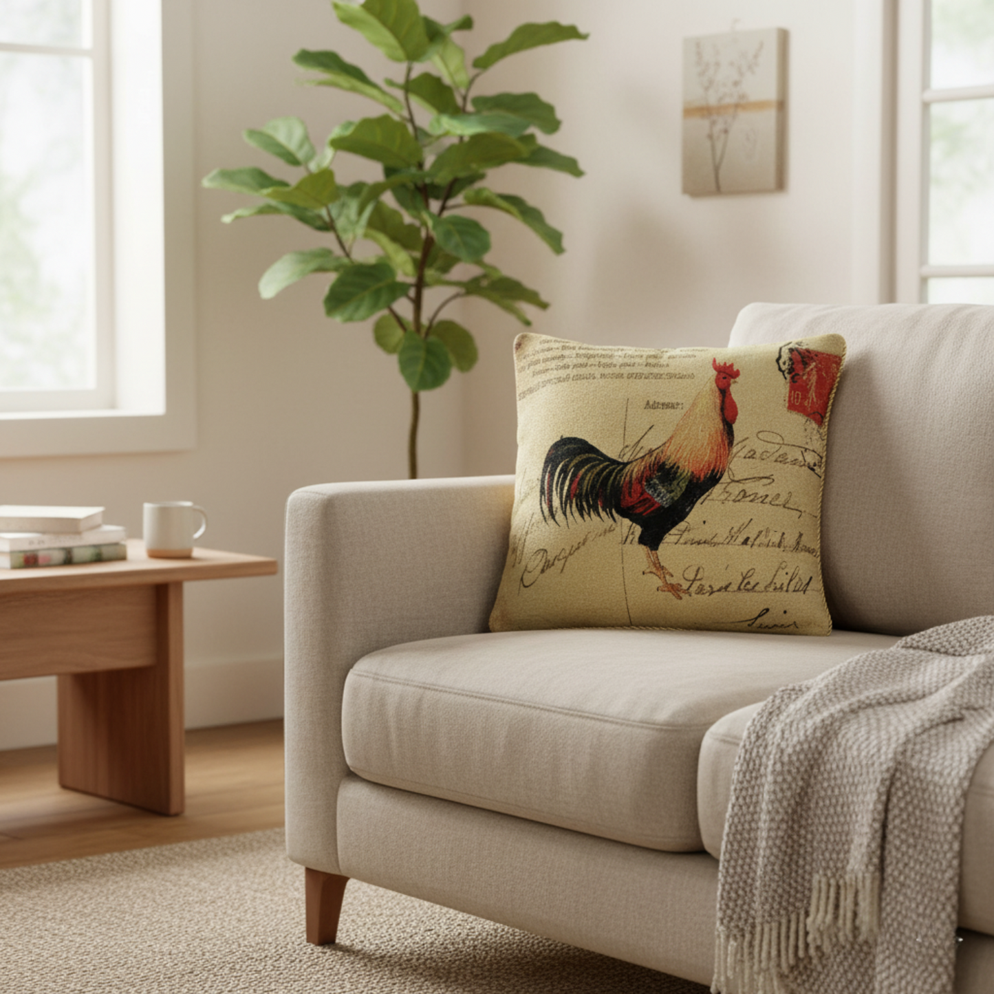 Tache Rooster Postcard European Farmhouse Cottage Vintage Tapestry Woven Throw Pillow Cover (15051)