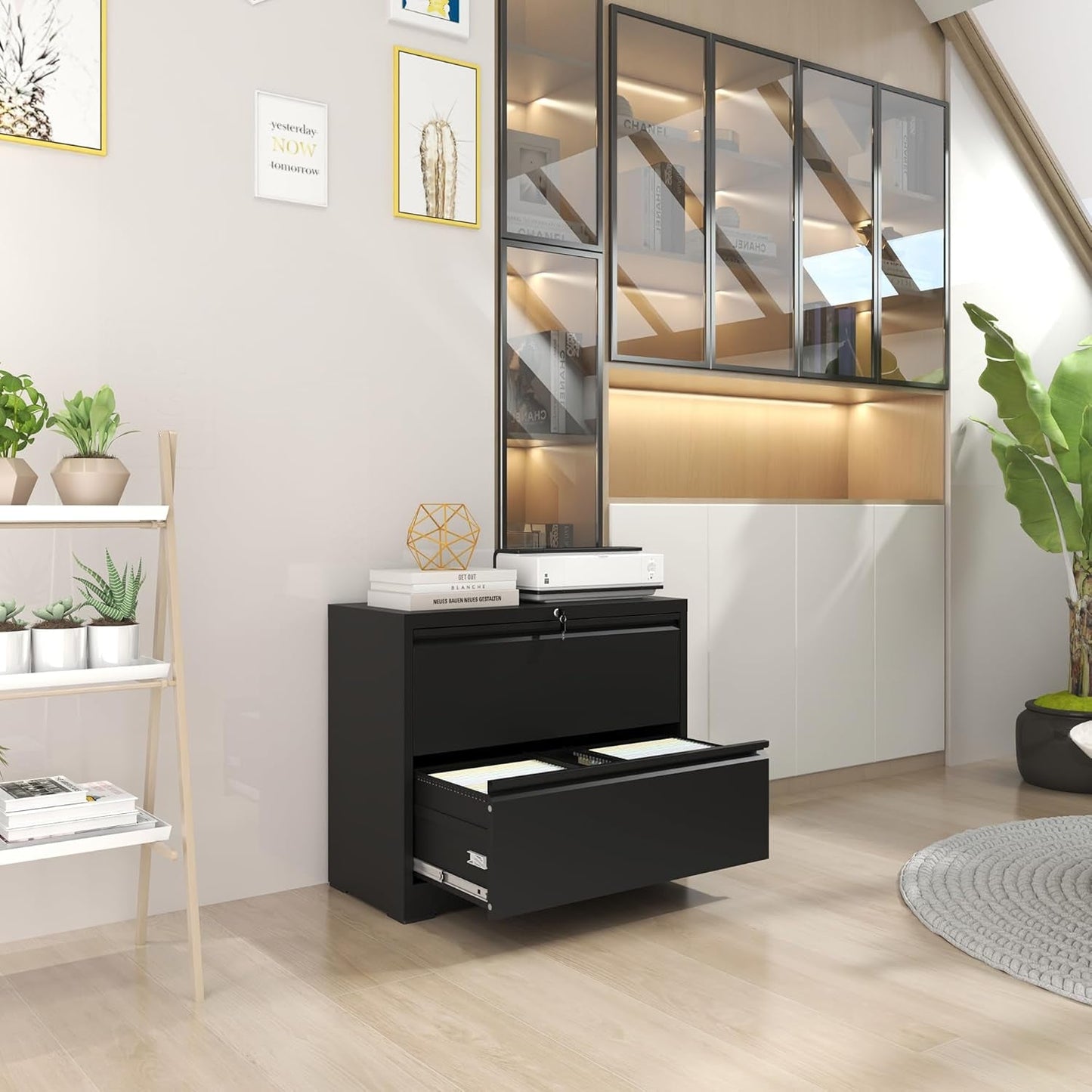 Black Lateral File Cabinet With Lock For Home Office