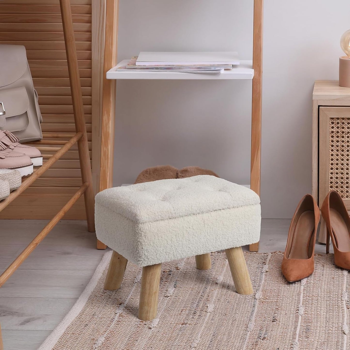 Cream Velvet Storage Ottoman With Extra Cushioning