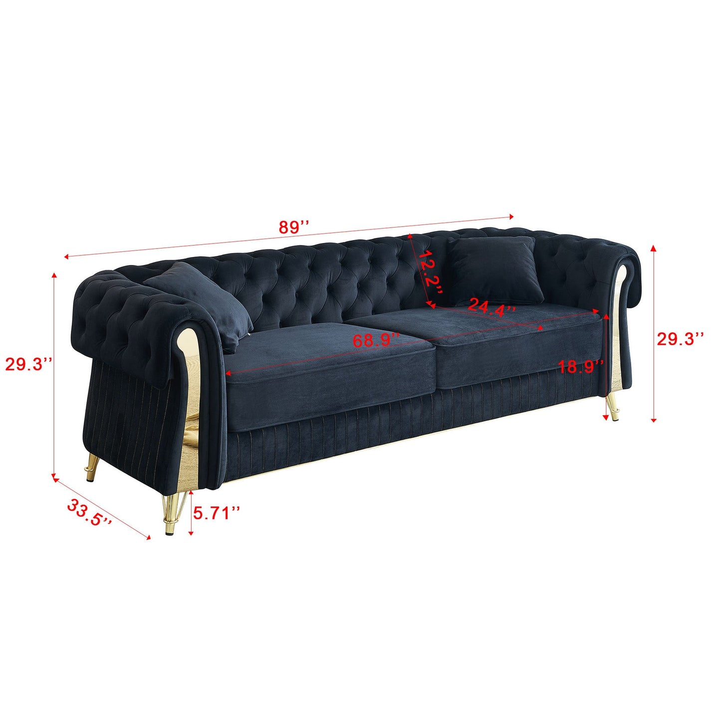 89''W Chesterfield Modern Tufted Velvet Living Room Sofa with Two Seat Cushions and Two Toss Pillows,Black