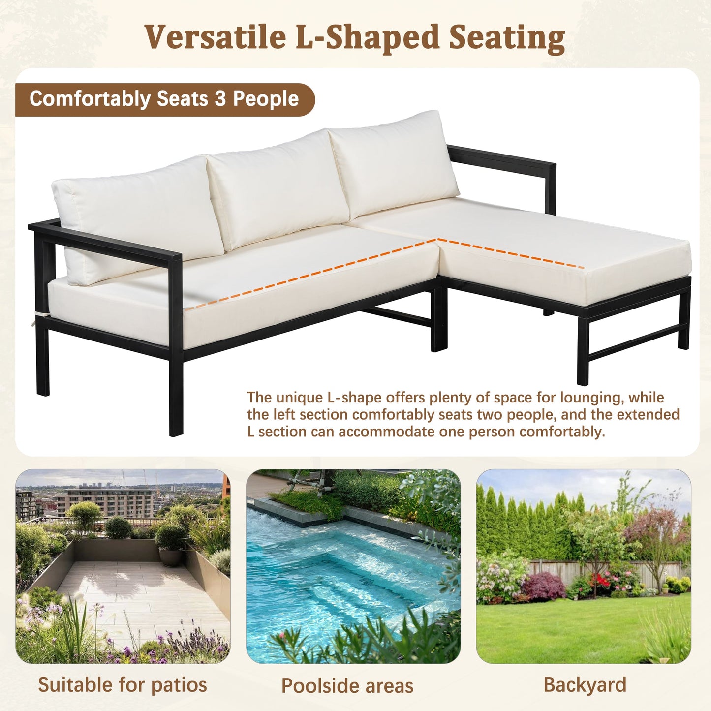 U_Style Outdoor L-Shaped Sofa with Iron Frame