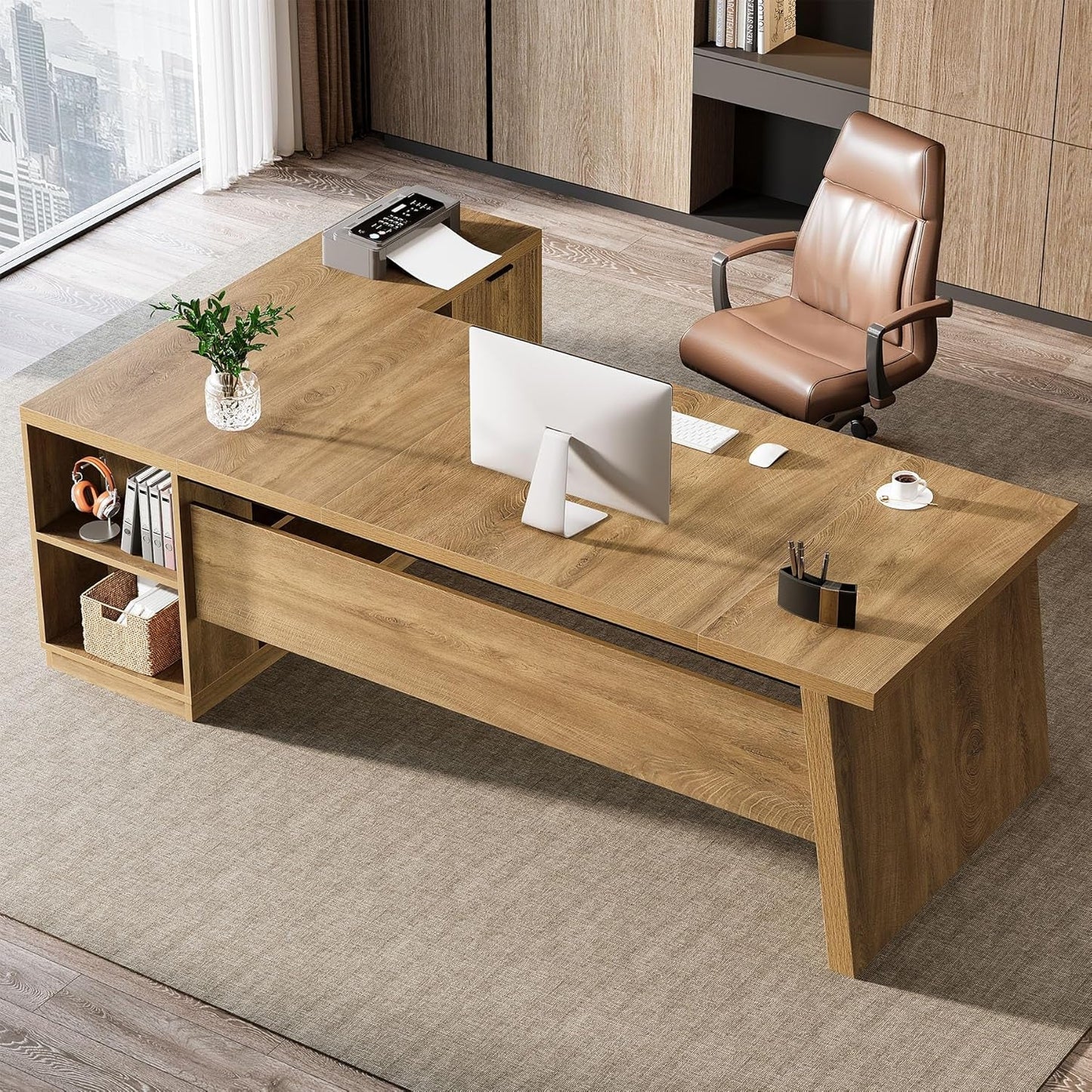 Executive Corner Desk 78 Inch Drawers Brown Shelves