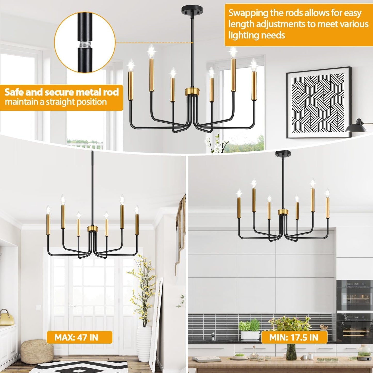 Black And Gold Six Light Farmhouse Chandelier For Dining Room showing height adjustments and design details.