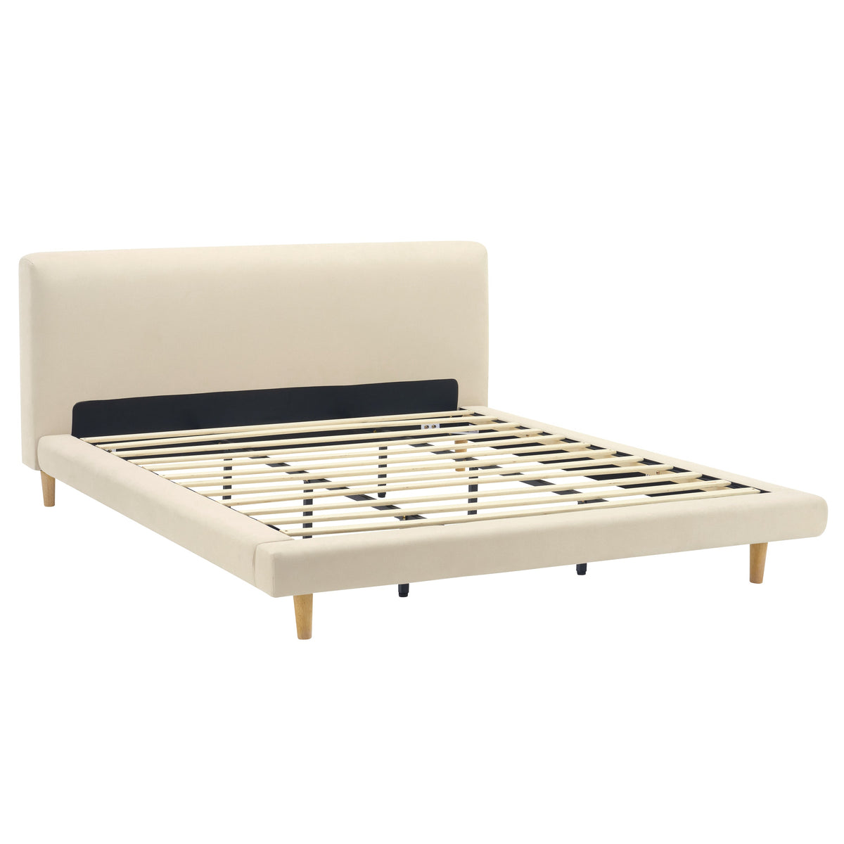 Beige Chunky Headboard Bed Frame, Solid Rubberwood Legs, Cal-King