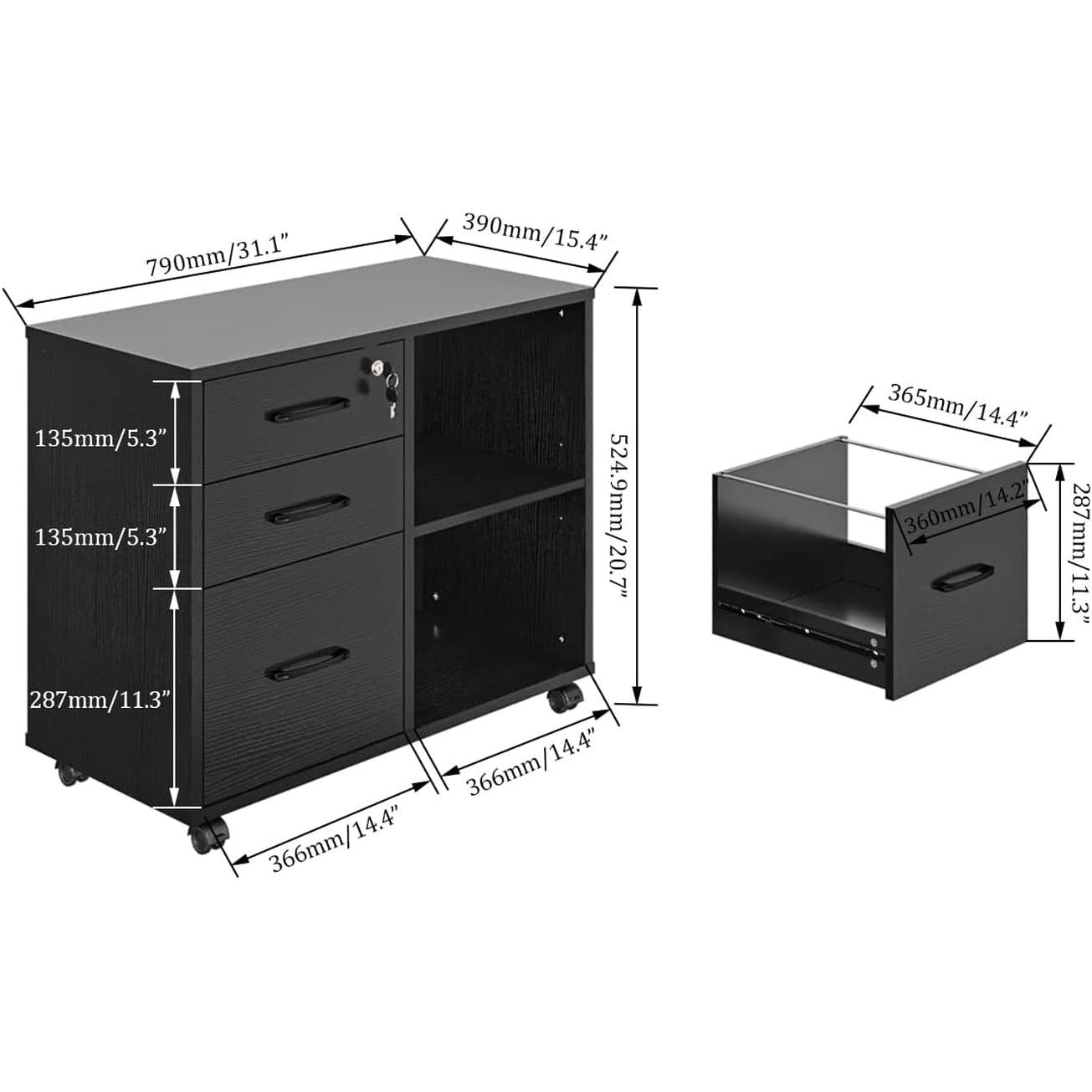 Mobile File Cabinet With Open Storage And File Drawers
