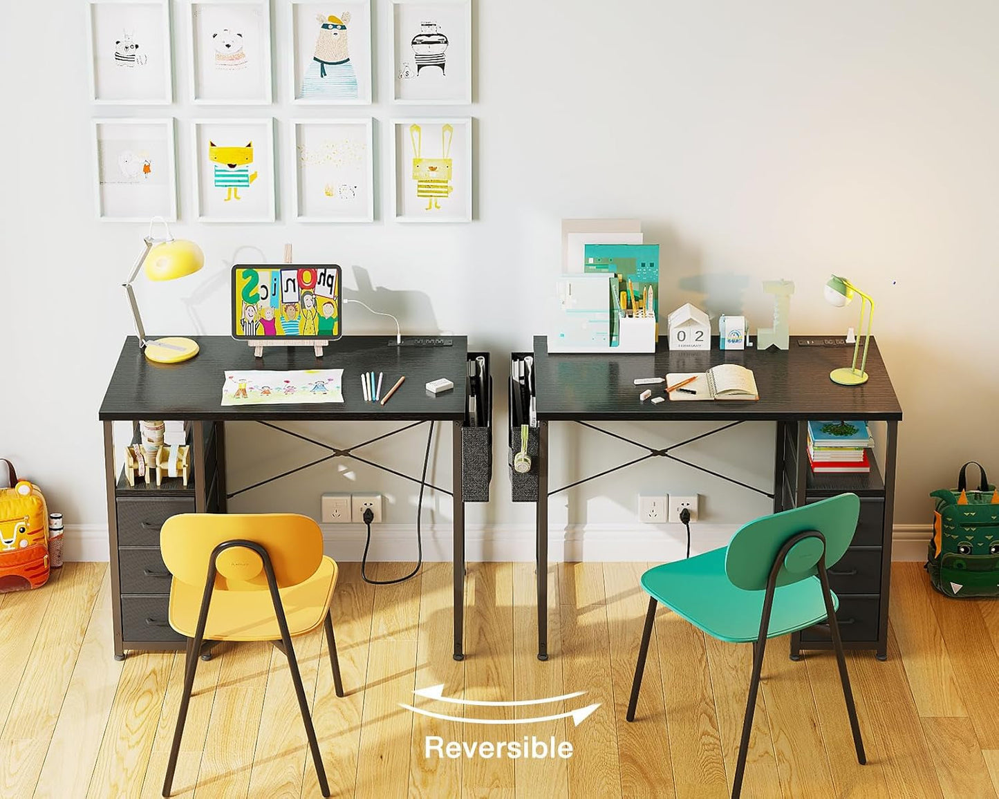 32-Inch Computer Desk With Fabric Drawers And Charging Station Black