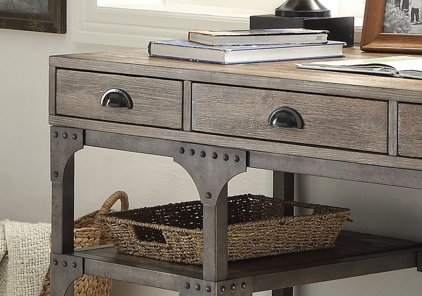 Weathered Oak and Antique Silver 3-Drawer Writing Desk
