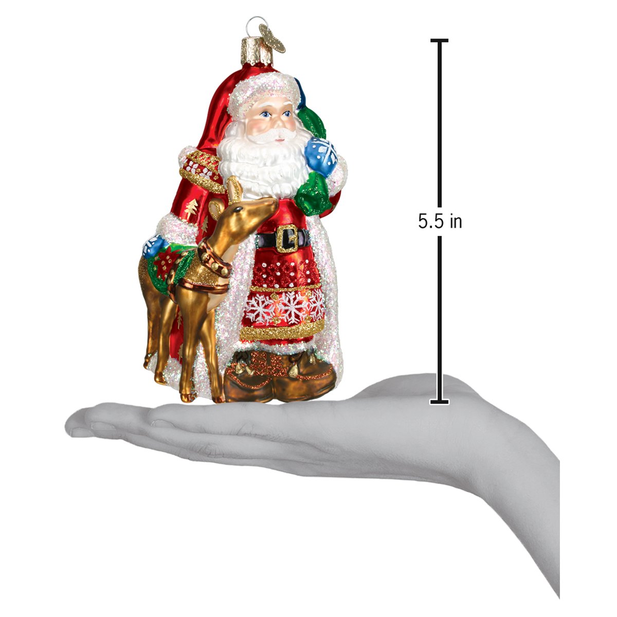 Decorative glass ornament of Santa Claus with a reindeer, shown on a hand for scale, on a white background.