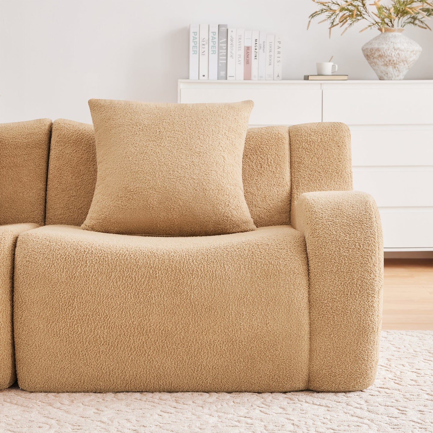 U-Shaped Boneless Sofa,Teddy Fabric No assembly required Curved armrest,Anti-slip Design,Streamlined Design 32D High Density Sponge,Full Compression Vacuum Packag,For Studies living Rooms,Camel