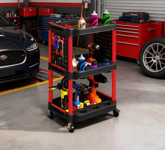 Capacity Plastic Utility Cart,3-Tier Rolling Tool Cart with Side Shelves for Garage, Workshop