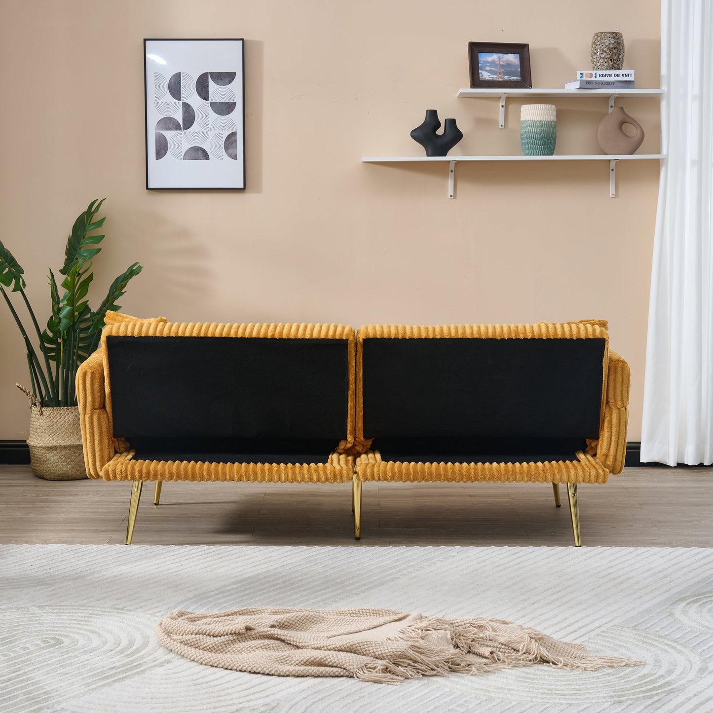 Luxury Corduroy Foldable Double Sofa Bed with Folding Armrests, Yellow, Solid Wood Frame, 79 Inch