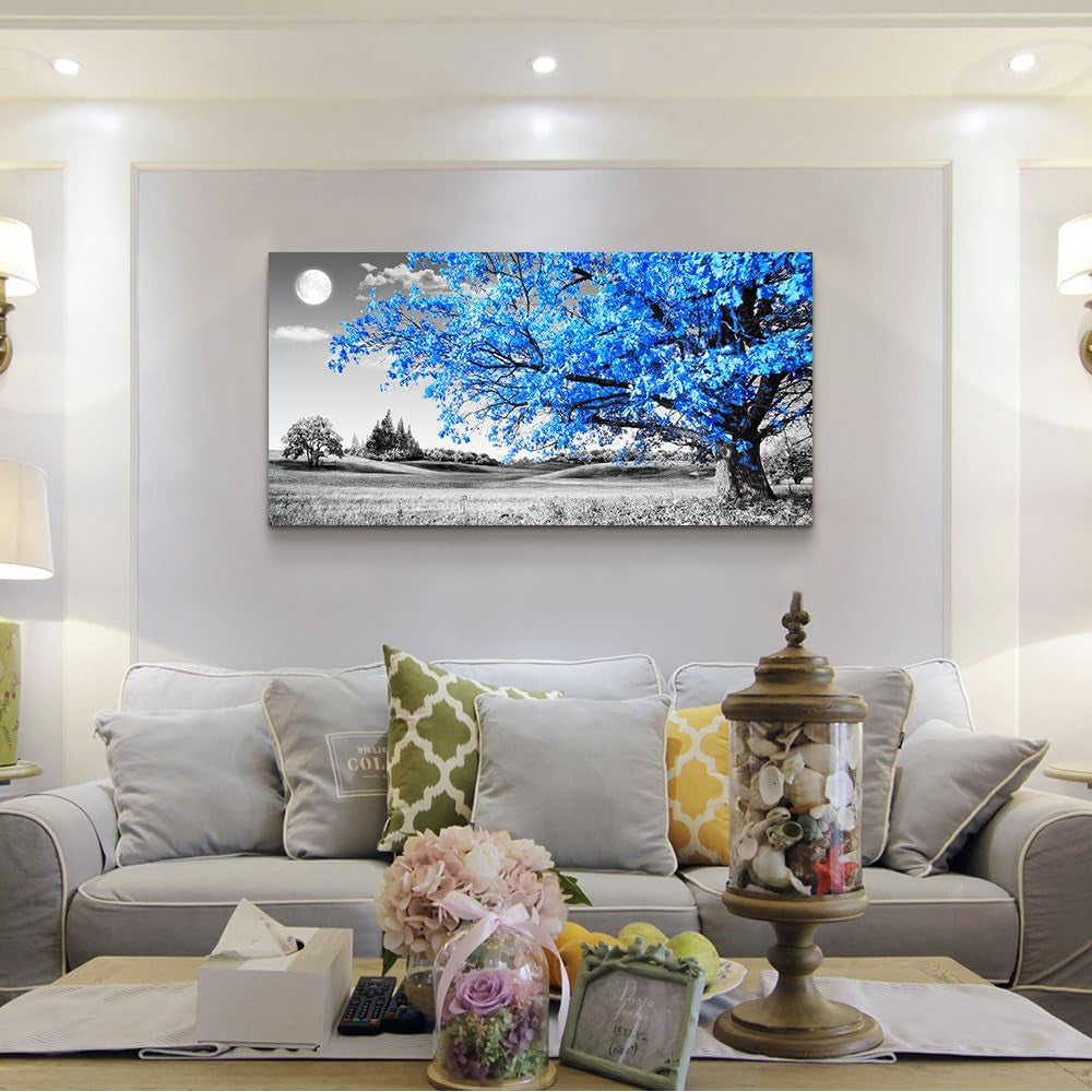 Elegant Blue Moon Tree Landscape Canvas Art – Abstract 20" X 40" Ready to Hang for Living Room and Office Decor