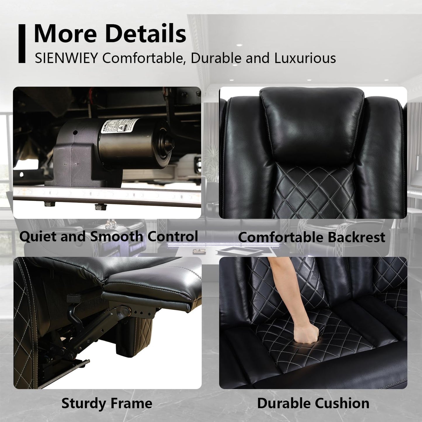 Black Leather Reclining Sofa Set With LED Light Living Room
