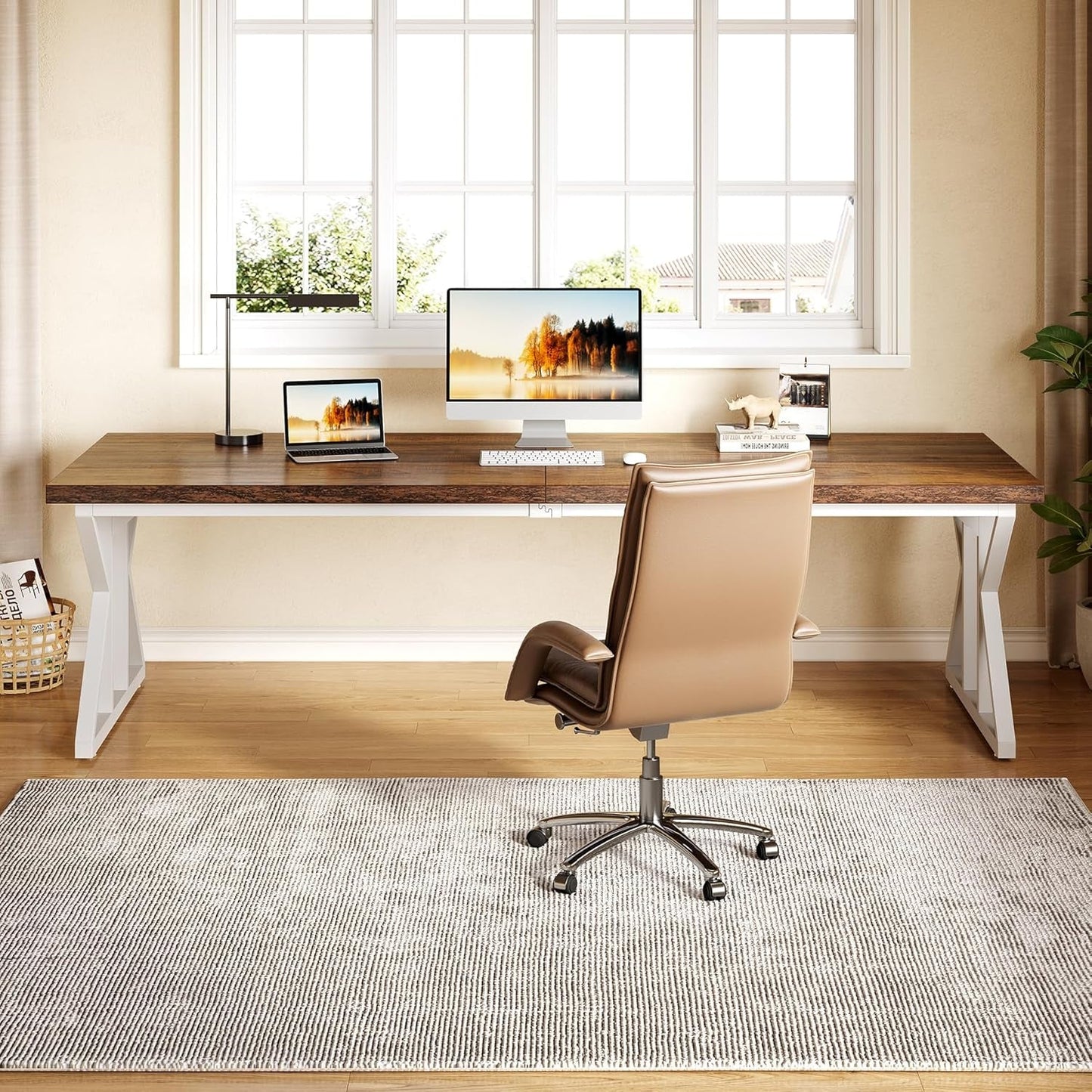78.7 Inch Rustic Executive Desk For Home Office Brown-White