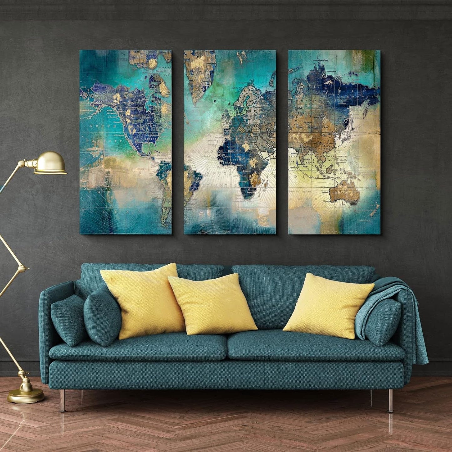 Stunning World Map Canvas Wall Art - 3 Piece Set for Living Room, Bedroom, and Office - 16"x32" Large Decor