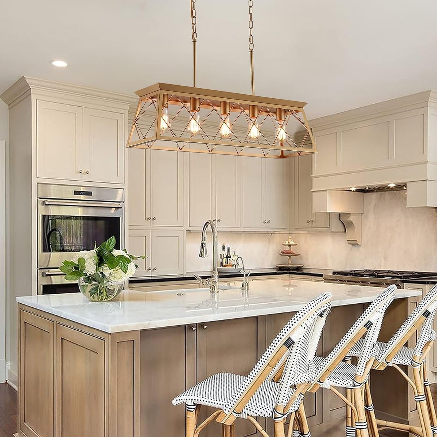 Gold 5 Light Farmhouse Chandelier Linear Ceiling Light