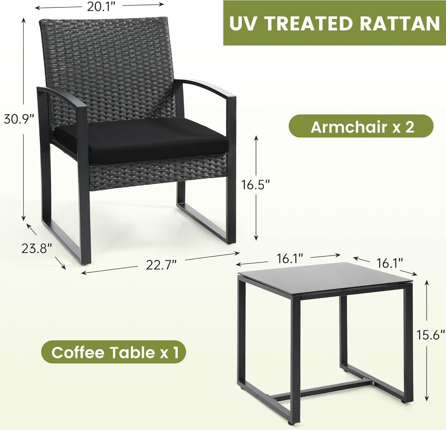 Three Piece Wicker Patio Bistro Set With Coffee Table Black Frame For Balcony Porch And Garden Outdoor