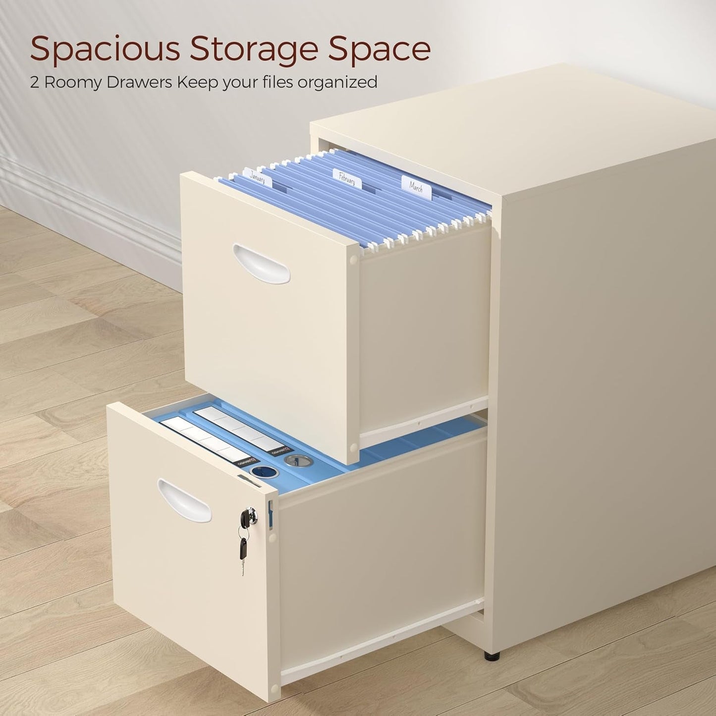 Cream Metal 2 Drawer Locking File Cabinet For Hanging Files A4 And Letter Documents