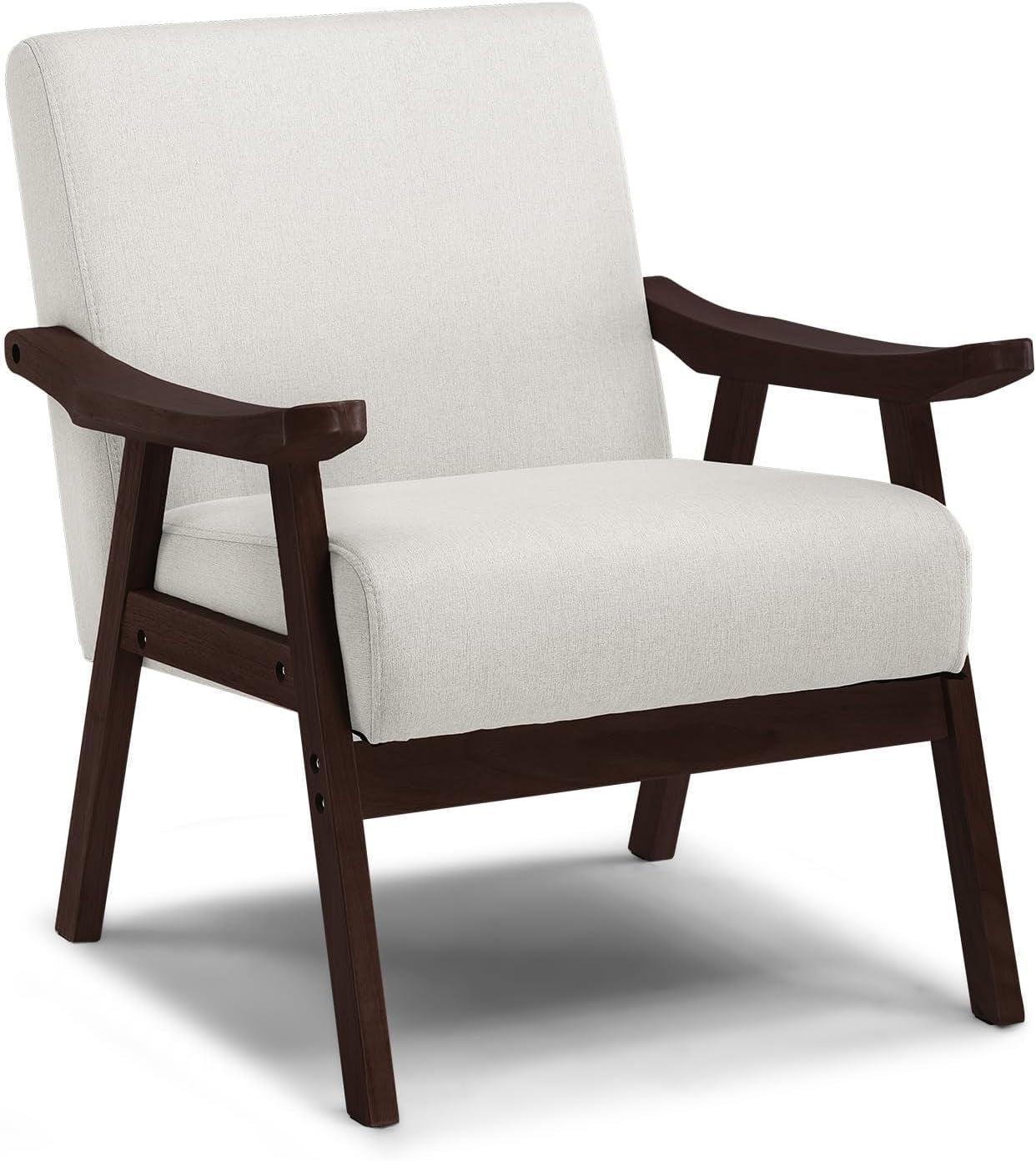 Beige Upholstered Modern Midcentury Solid Wood Armchair With Cushions