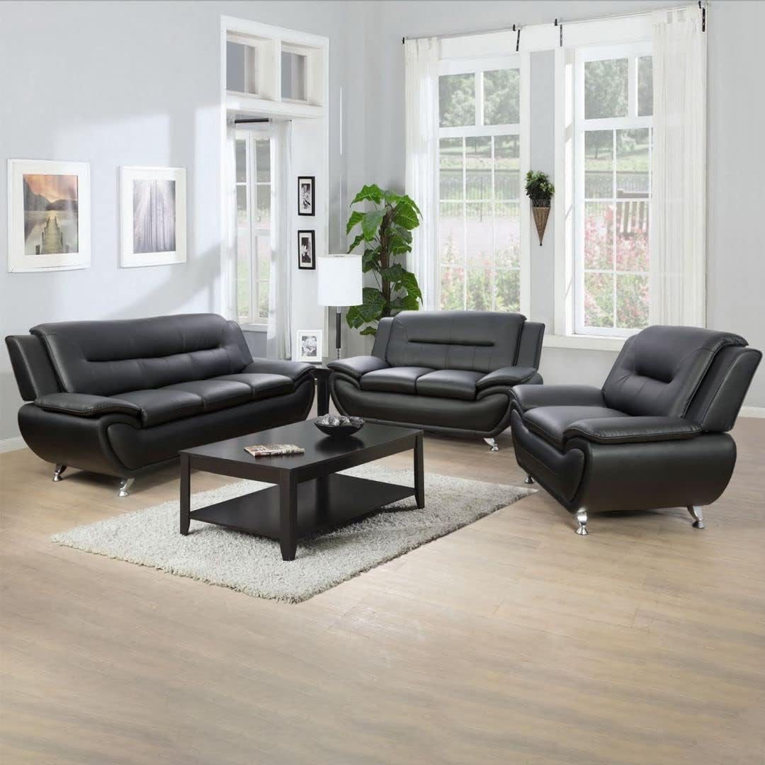 3 Piece Black Sofa Set Modern Living Room Couch Set Sofa Loveseat Chair For Home Decor