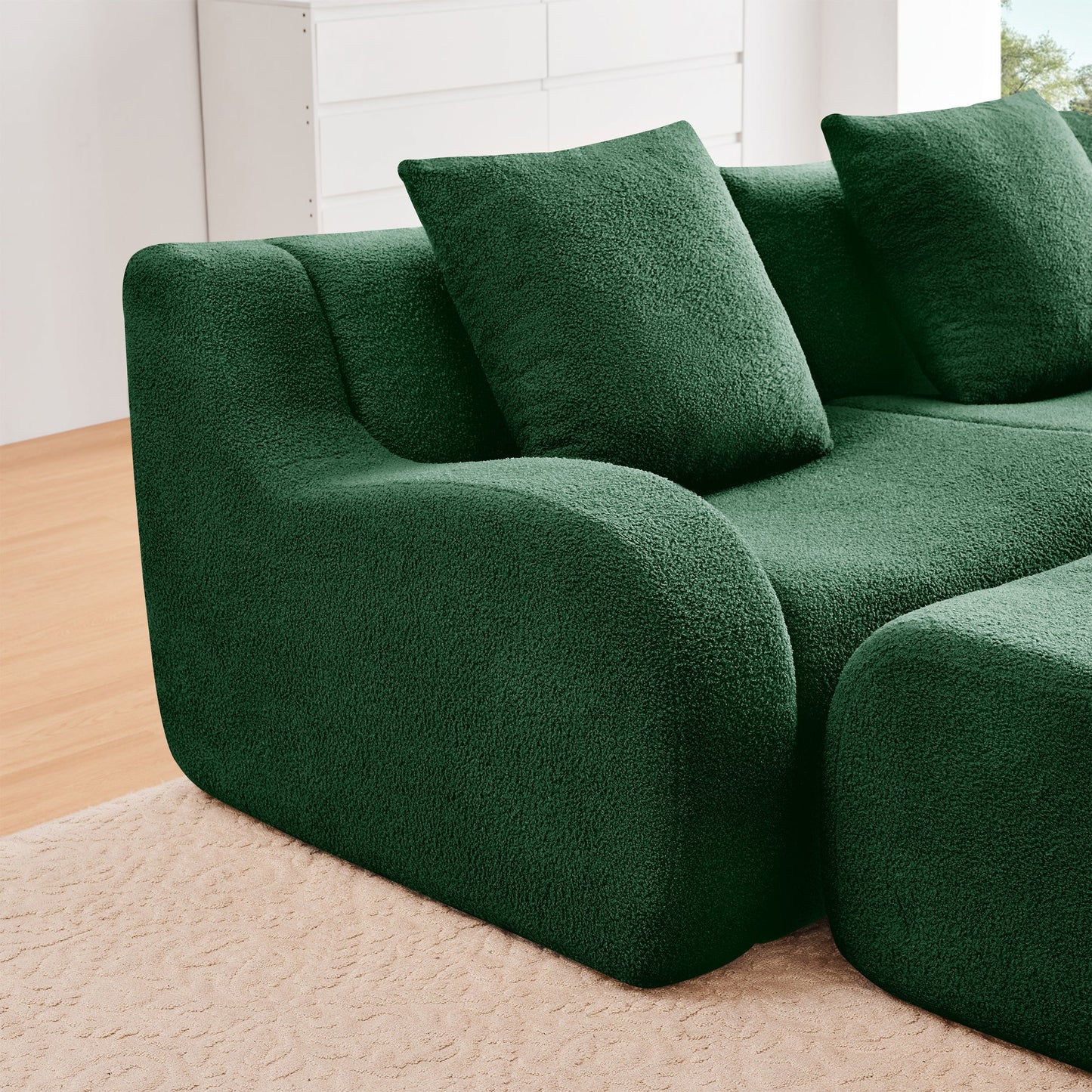 U-Shaped Boneless Sofa,Teddy Fabric No assembly required Curved armrest,Anti-slip Design,Streamlined Design 32D High Density Sponge,Full Compression Vacuum Packag,For Studies living Rooms,Green
