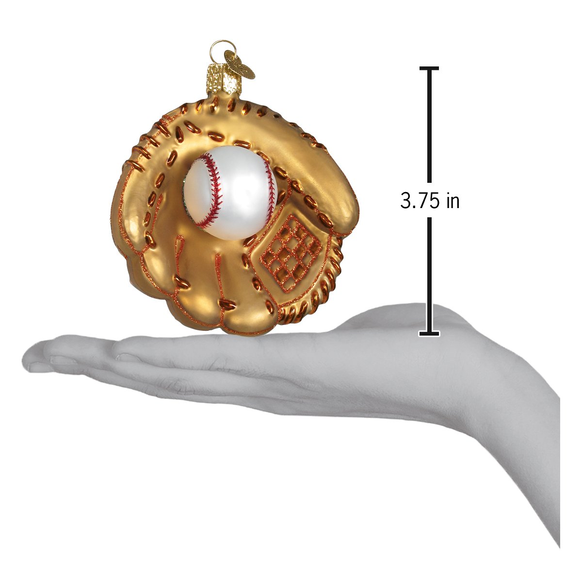 Baseball Mitt Ornament on a hand showcasing its size, measuring 3.75 inches, with a detailed baseball design.