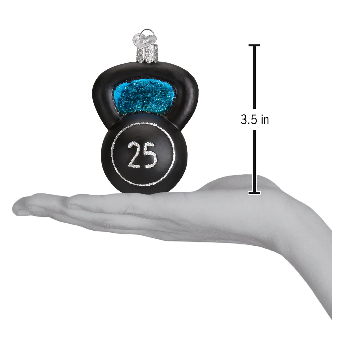 Decorative kettlebell ornament with blue accent and measurement label on a white background
