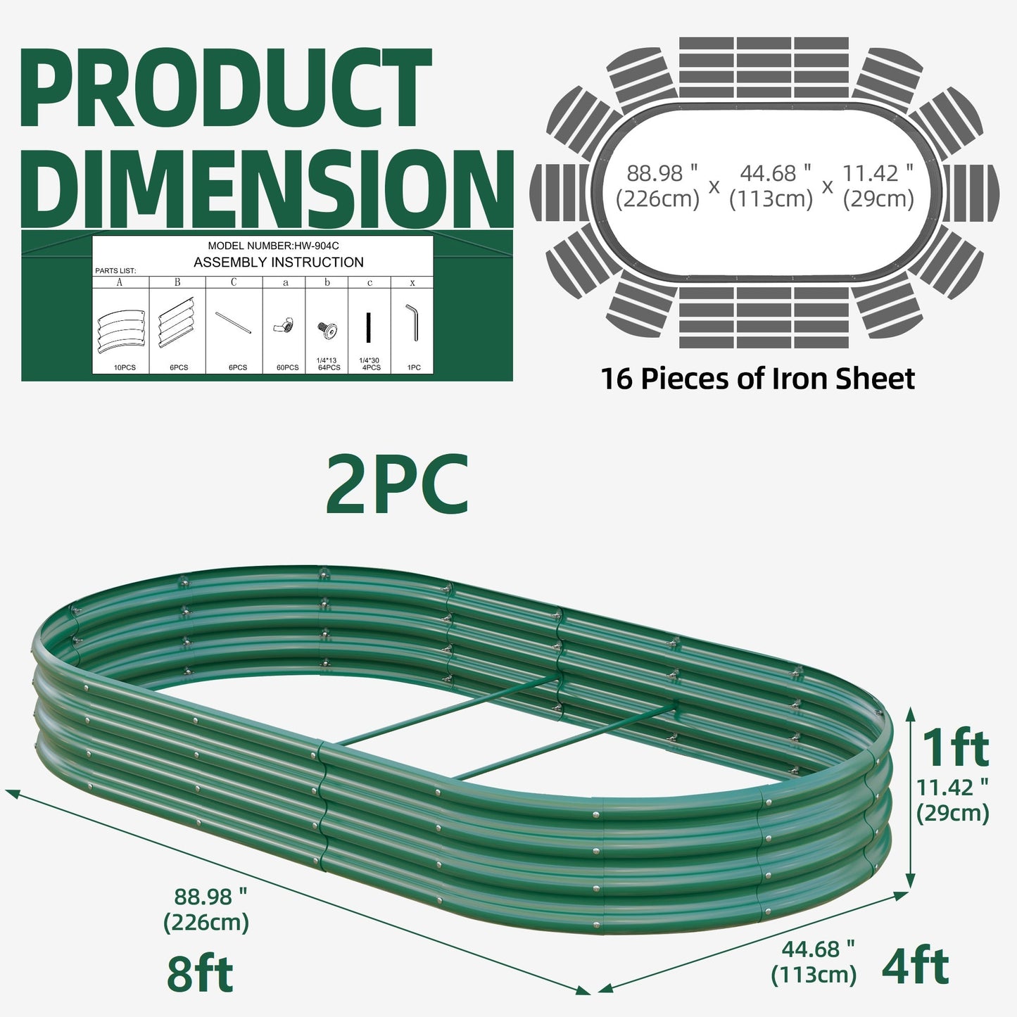 Galvanized Raised Garden Bed 8x4x1ft