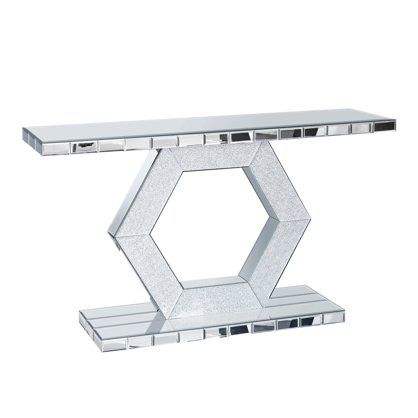 Sparkling Crystal Hexagon Mirror Entryway - Premium Modern Foyer Console Table with Diamond Glass Effects, Dual-Tier Luxury Sofa Table