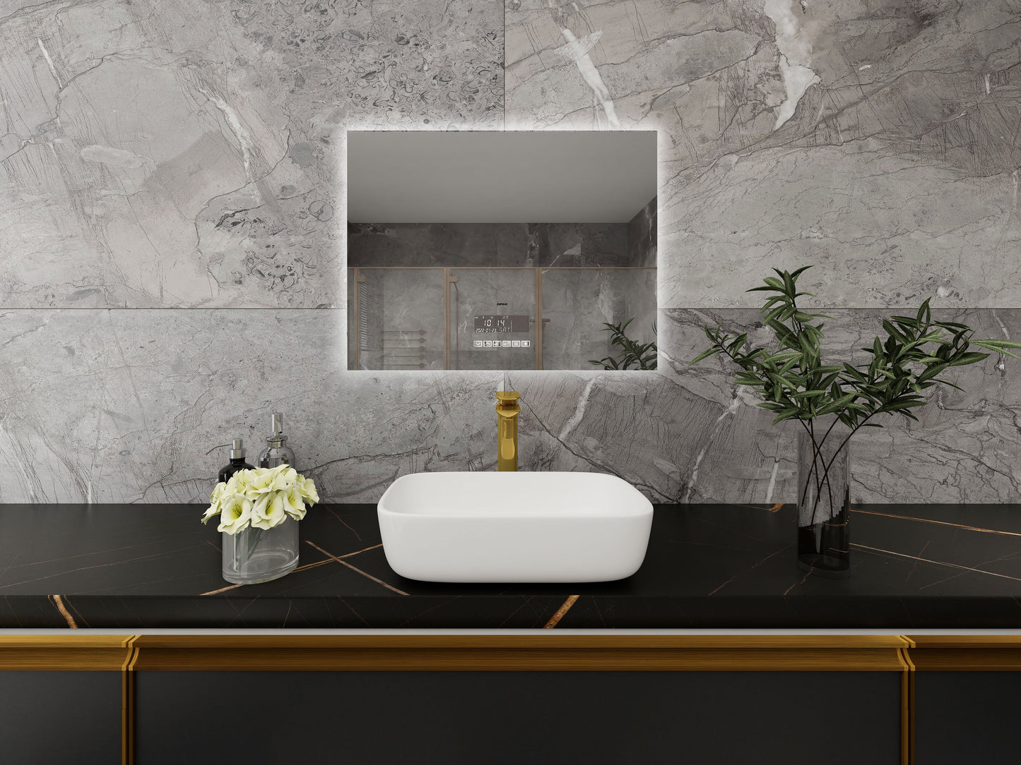 Smart Bluetooth Enabled Mirror: Featuring Temperature Display, Fog-Free Technology, LED Lighting, and Touch Sensor Makeup Functionality for an Elegant and Functional Wall Accent