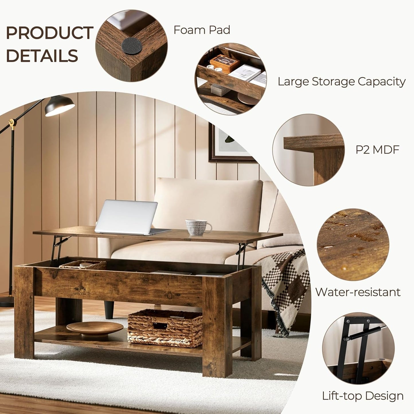 Coffee Table 47.5 Inch Lift Top With Hidden Compartment Rustic Brown