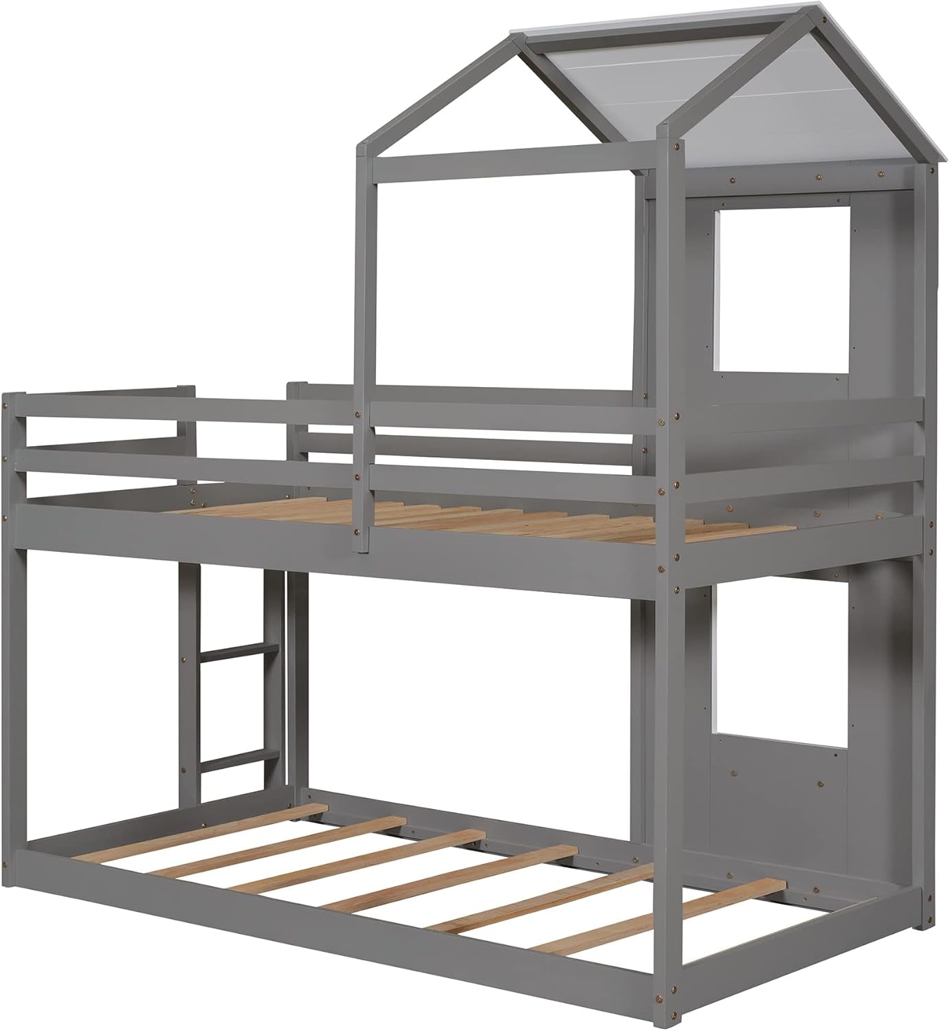 Twin Over Twin House Bunk Bed With Roof And Ladders Grey