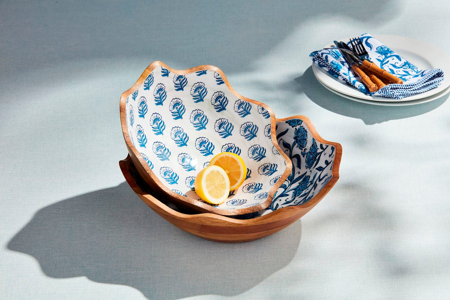 Blue Floral Block Print Enamel Mango Wood Bowl