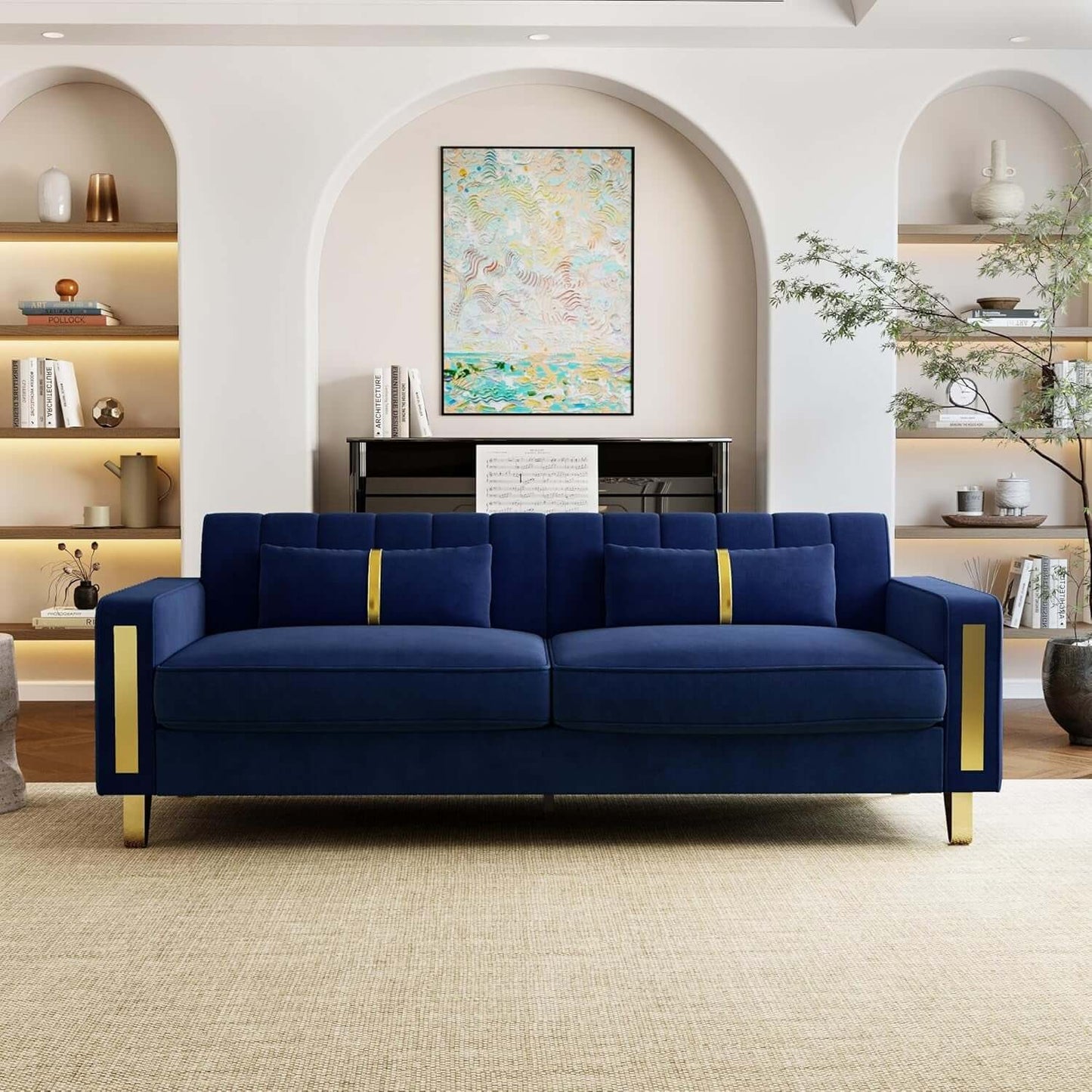 2 Piece Velvet Loveseat Sofa Set in blue with gold metal legs and pillows in a stylish living room setting.